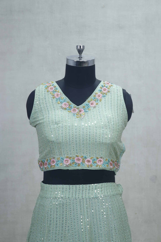 Mint Green Sequin Embroidered Lehenga Choli with Yellow Dupatta - Mangaldeep NX