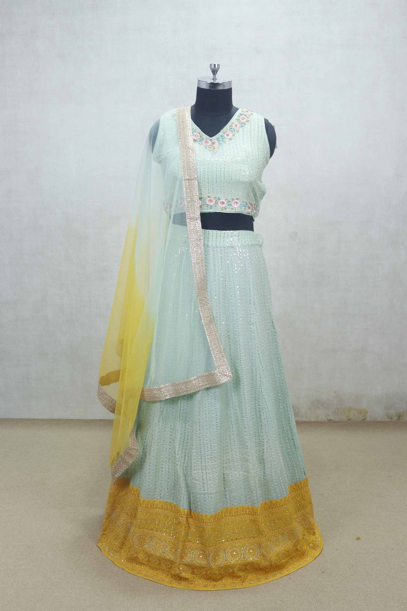 Mint Green Sequin Embroidered Lehenga Choli with Yellow Dupatta - Mangaldeep NX