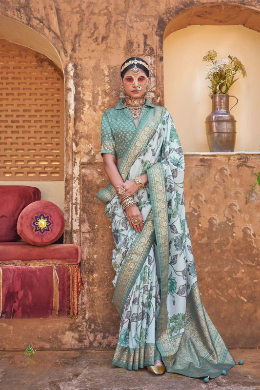 Mint Green Silk Saree with Floral Print and Zari Border - Mangaldeep NX