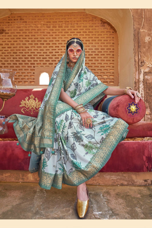 Mint Green Silk Saree with Floral Print and Zari Border - Mangaldeep NX