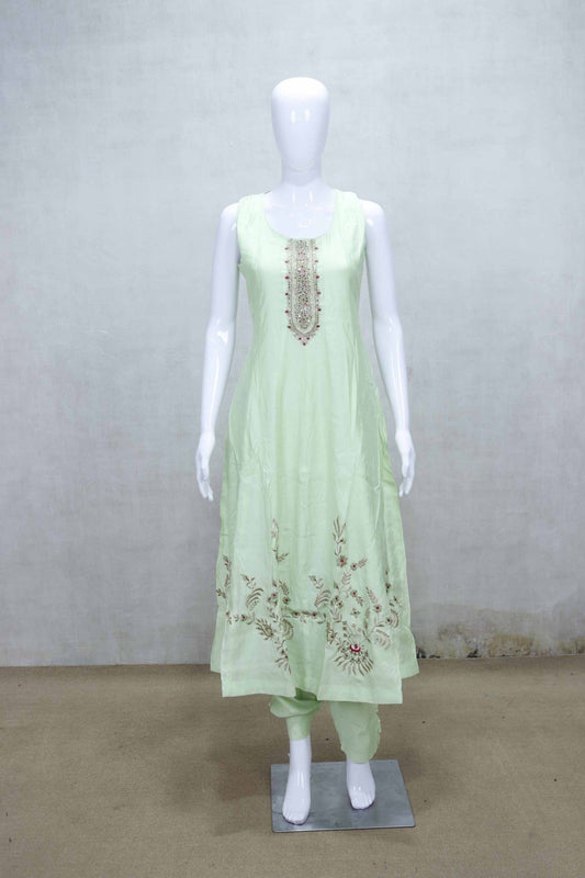 Mint Green Sleeveless Embroidered Kurta Set with Red Bandhani Dupatta and Matching Pants - Mangaldeep NX