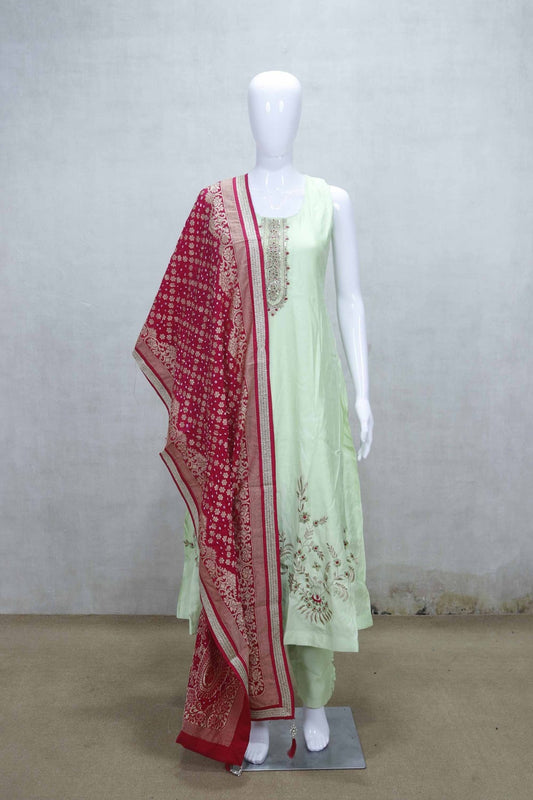 Mint Green Sleeveless Embroidered Kurta Set with Red Bandhani Dupatta and Matching Pants - Mangaldeep NX