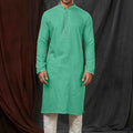 Mint Green Textured Cotton Kurta for Men with Off - White Pyjama - Mangaldeep NX