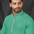 Mint Green Textured Cotton Kurta for Men with Off - White Pyjama - Mangaldeep NX