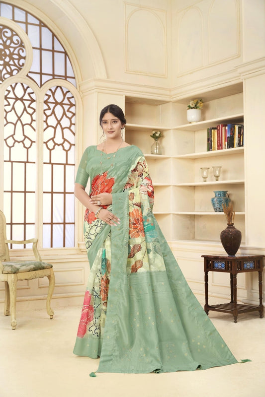 Mint Green with Multicolor Floral Printed Linen Silk Saree - Mangaldeep NX