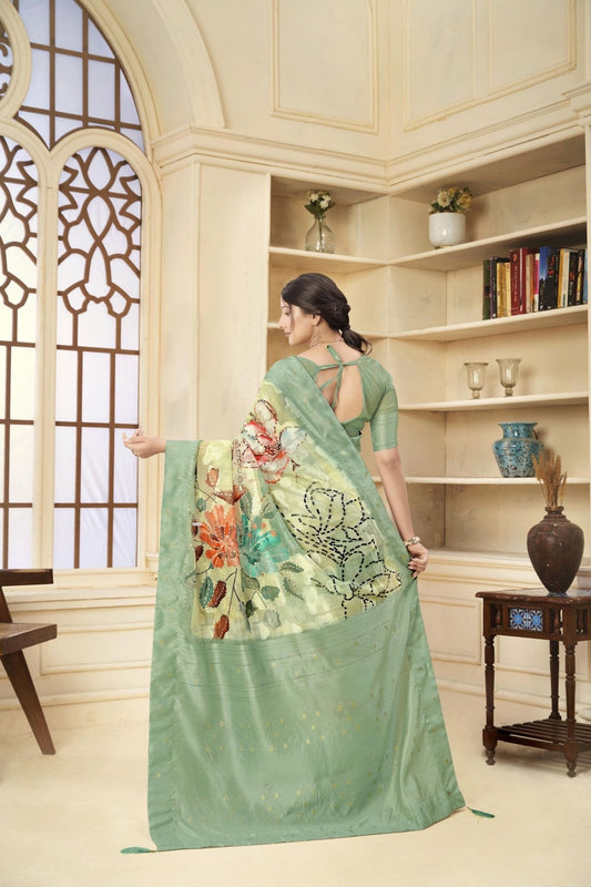 Mint Green with Multicolor Floral Printed Linen Silk Saree - Mangaldeep NX