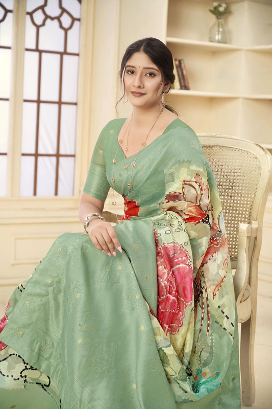 Mint Green with Multicolor Floral Printed Linen Silk Saree - Mangaldeep NX