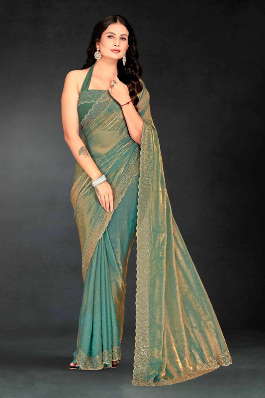 Moss Green Sequin Embellished Party Wear Fandy Silk Saree with Golden Scallop Border - Mangaldeep NX