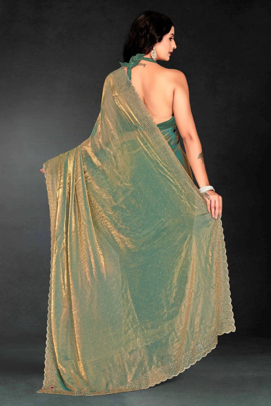 Moss Green Sequin Embellished Party Wear Fandy Silk Saree with Golden Scallop Border - Mangaldeep NX