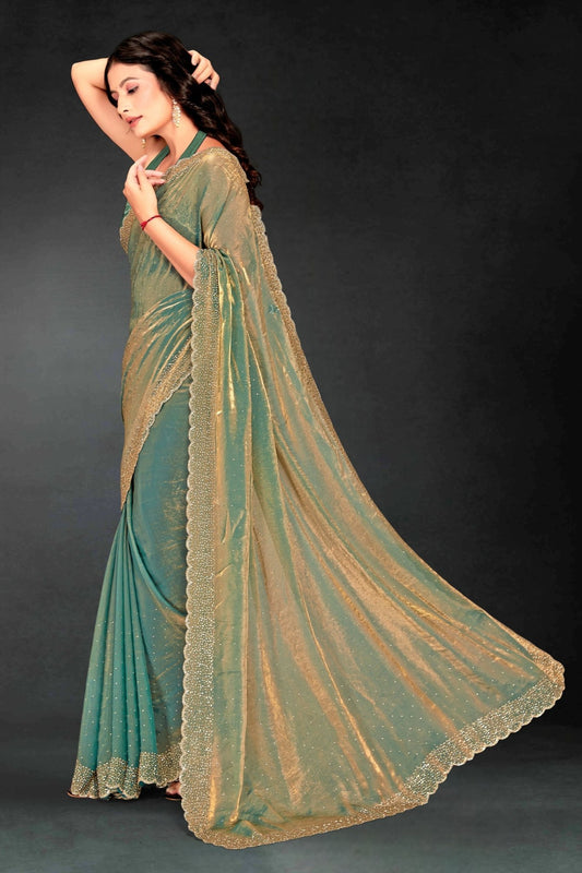 Moss Green Sequin Embellished Party Wear Fandy Silk Saree with Golden Scallop Border - Mangaldeep NX