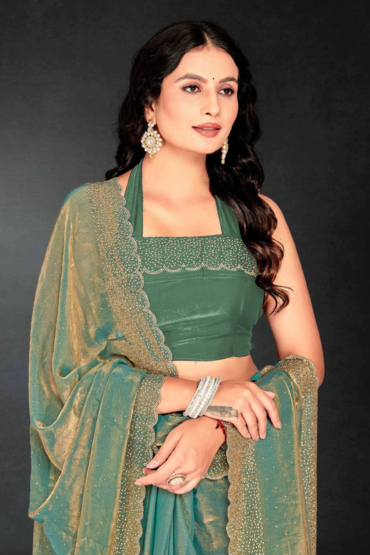 Moss Green Sequin Embellished Party Wear Fandy Silk Saree with Golden Scallop Border - Mangaldeep NX