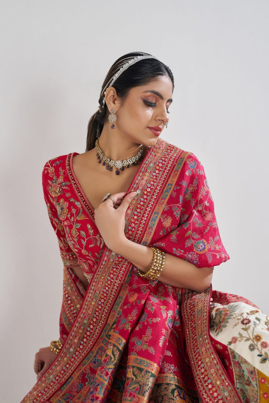 Multi - Color Embroidered Lehenga Choli with Red Dupatta - Mangaldeep NX