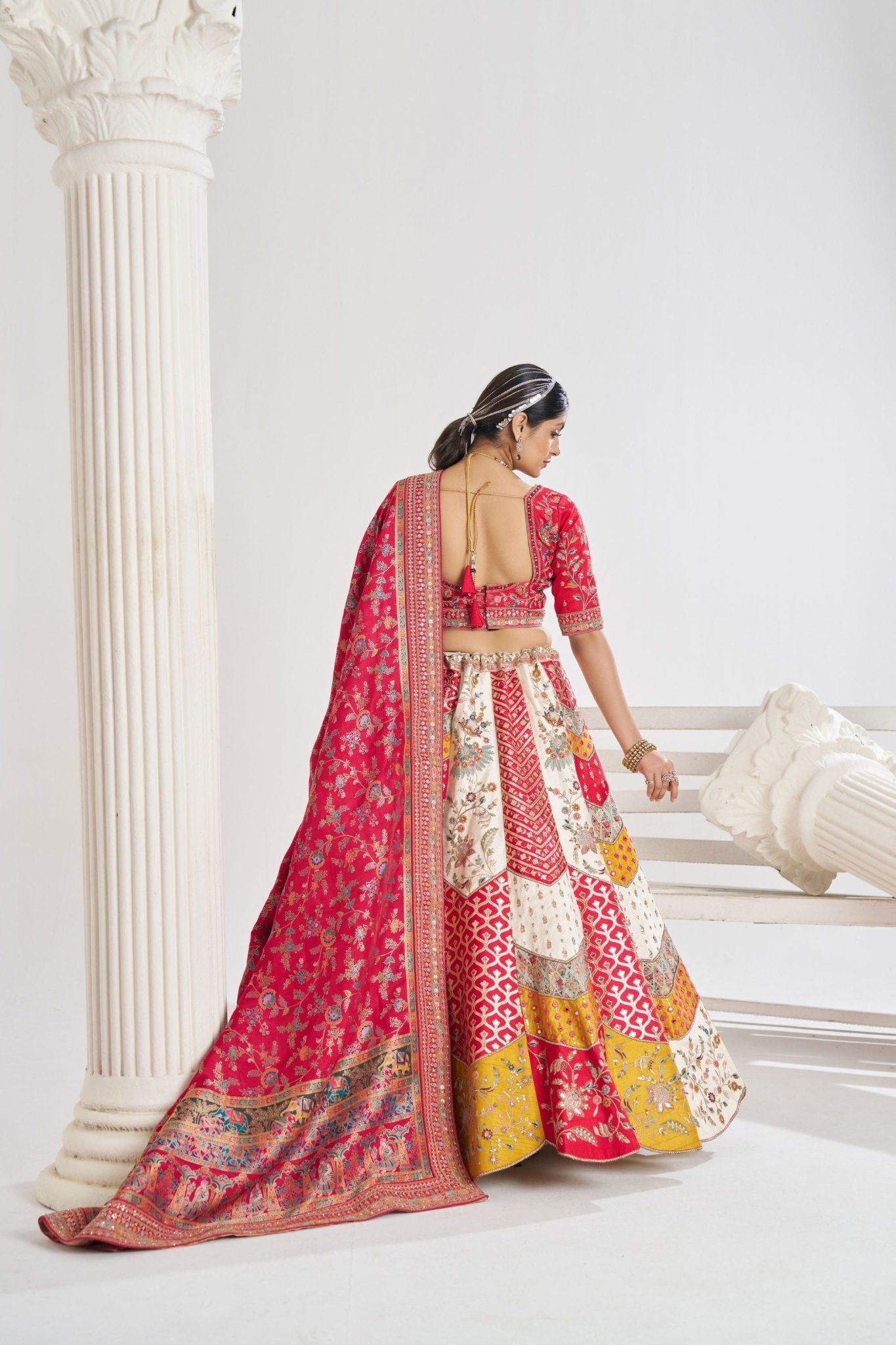 Multi - Color Embroidered Lehenga Choli with Red Dupatta - Mangaldeep NX