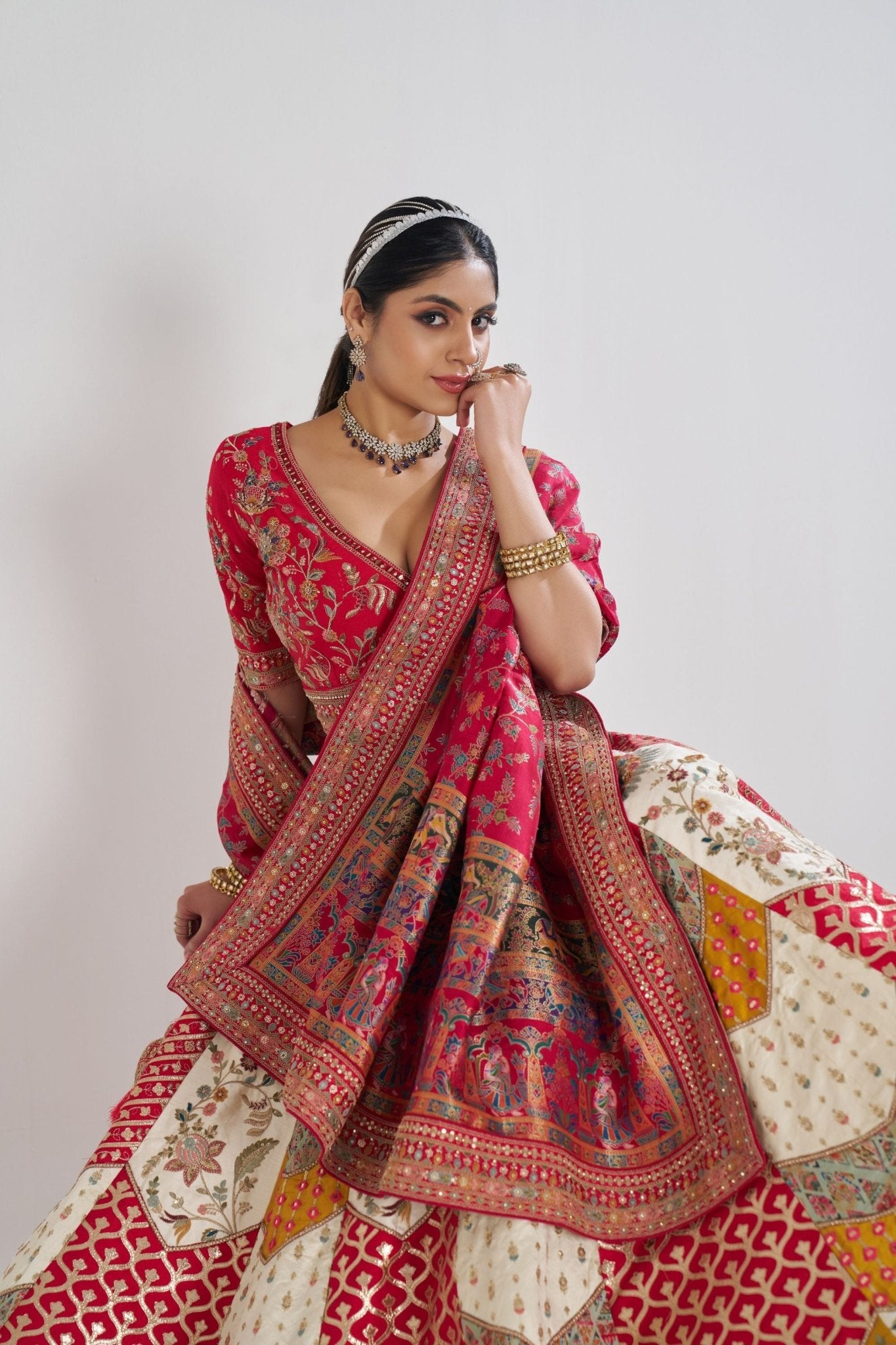Multi - Color Embroidered Lehenga Choli with Red Dupatta - Mangaldeep NX