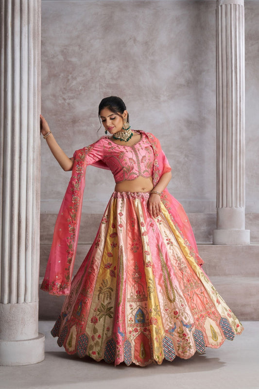 Multi - Color Embroidered Pink Lehenga Choli with Dupatta - Mangaldeep NX