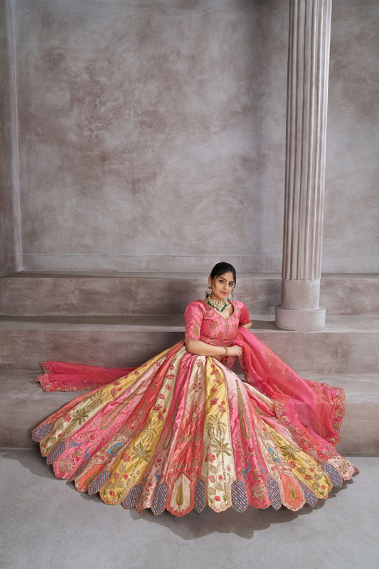 Multi - Color Embroidered Pink Lehenga Choli with Dupatta - Mangaldeep NX