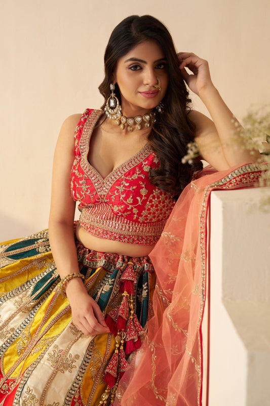 Multi - Color Panel Embroidered Lehenga Choli with Pink Dupatta - Mangaldeep NX