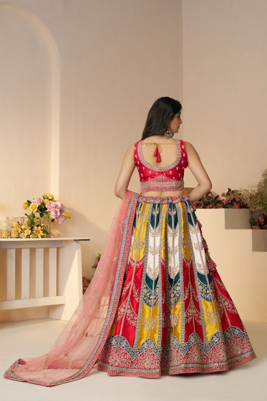 Multi - Color Panel Embroidered Lehenga Choli with Pink Dupatta - Mangaldeep NX