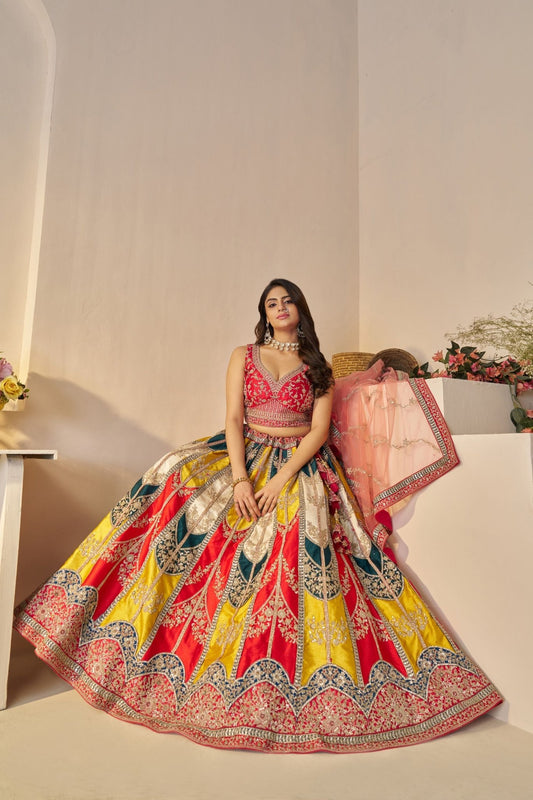 Multi - Color Panel Embroidered Lehenga Choli with Pink Dupatta - Mangaldeep NX
