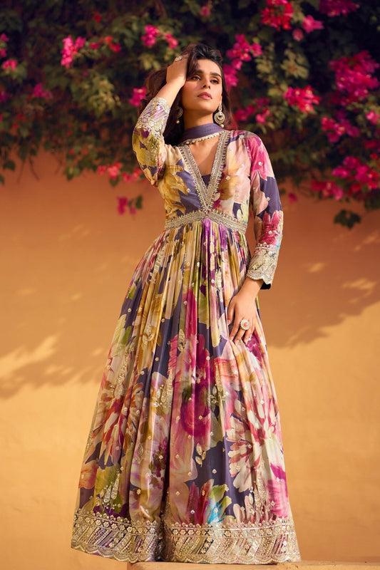 Multi Color Printed Floral Anarkali Dress with Embellished Borders - Mangaldeep NX