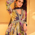 Multi Color Printed Floral Anarkali Dress with Embellished Borders - Mangaldeep NX