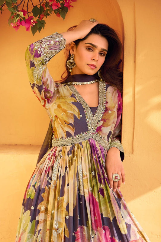 Multi Color Printed Floral Anarkali Dress with Embellished Borders - Mangaldeep NX