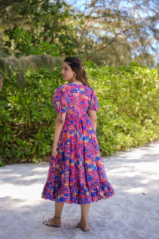Multicolor Abstract Printed Cotton Anarkali Dress with Puff Sleeves and Tassel Tie - Up - Mangaldeep NX