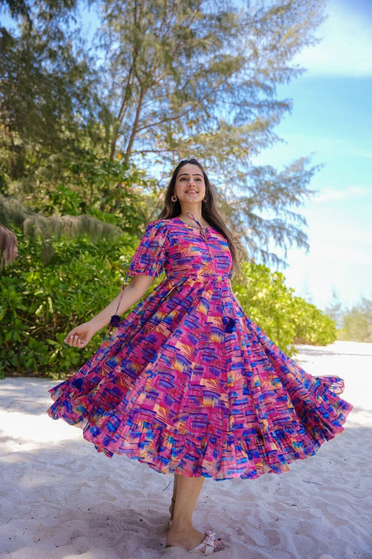 Multicolor Abstract Printed Cotton Anarkali Dress with Puff Sleeves and Tassel Tie - Up - Mangaldeep NX