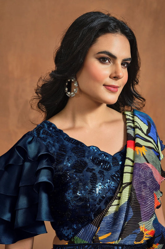 Multicolor Abstract Printed Pre - Draped Saree with Navy Blue Embroidered Blouse and Belt - Mangaldeep NX