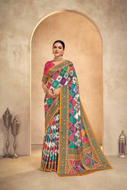 Multicolor Bandhani Printed Saree with Geometric and Traditional Motifs - Mangaldeep NX