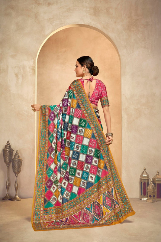 Multicolor Bandhani Printed Saree with Geometric and Traditional Motifs - Mangaldeep NX
