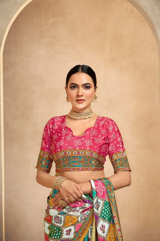 Multicolor Bandhani Printed Saree with Geometric and Traditional Motifs - Mangaldeep NX