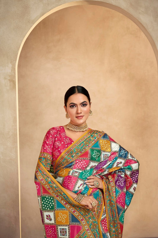 Multicolor Bandhani Printed Saree with Geometric and Traditional Motifs - Mangaldeep NX