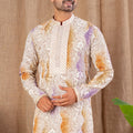 Multicolor Floral Embroidered Net Kurta for Men with Off - White Art Silk Pyjama - Mangaldeep NX
