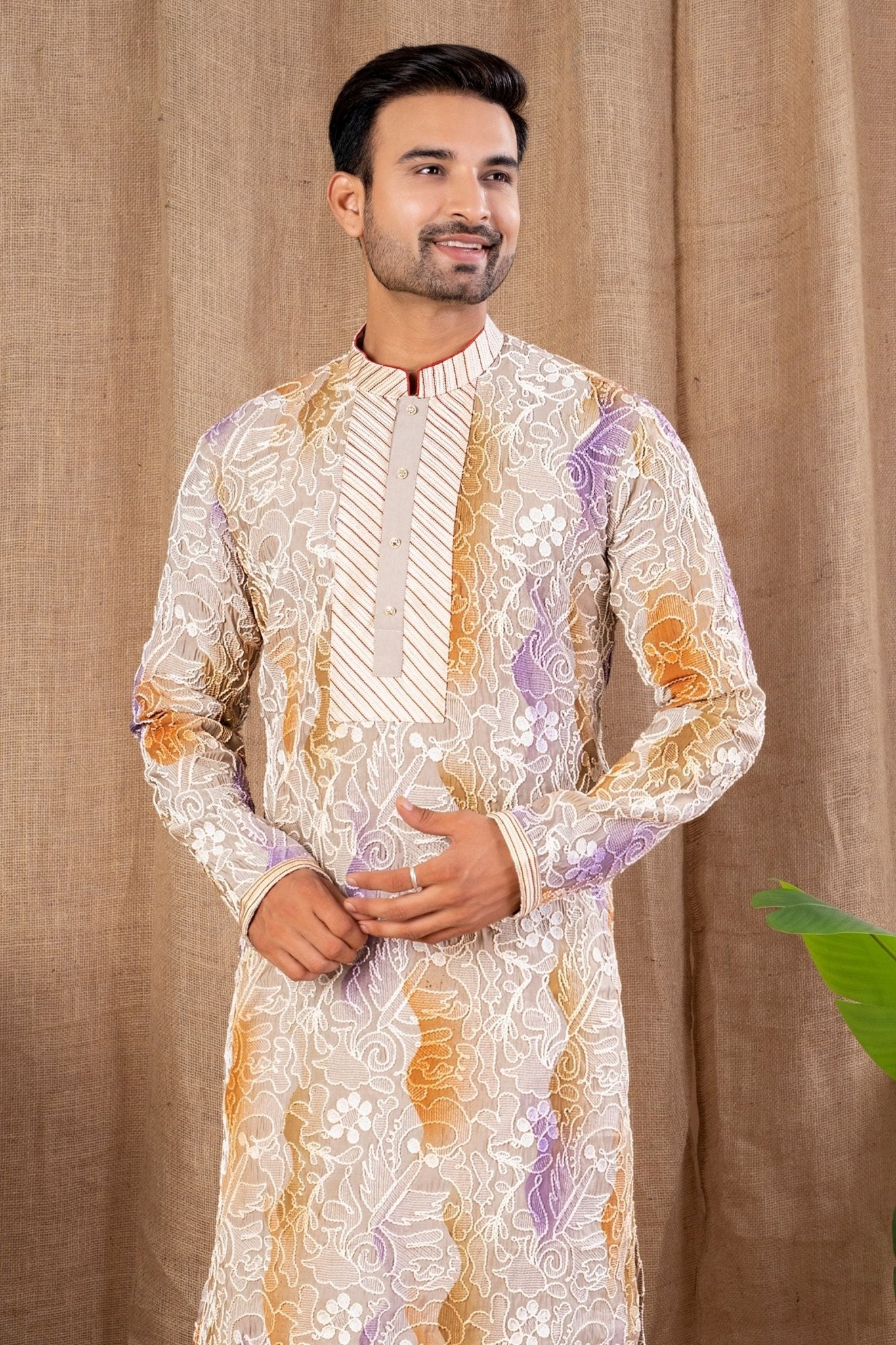 Multicolor Floral Embroidered Net Kurta for Men with Off - White Art Silk Pyjama - Mangaldeep NX