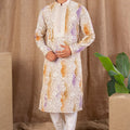 Multicolor Floral Embroidered Net Kurta for Men with Off - White Art Silk Pyjama - Mangaldeep NX
