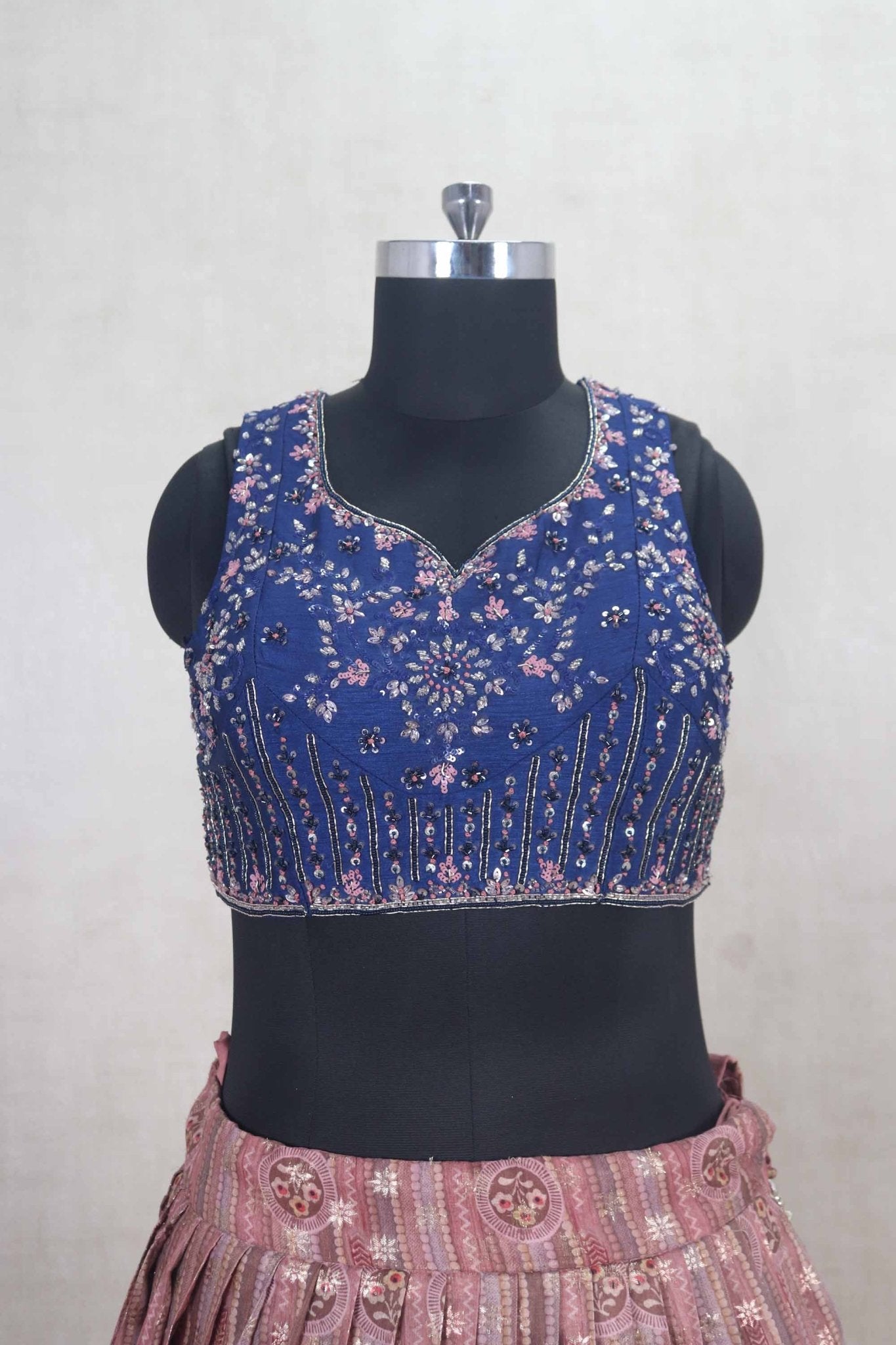 Multicolor Lehenga Choli with Blue Embroidered Blouse and Net Dupatta - Mangaldeep NX