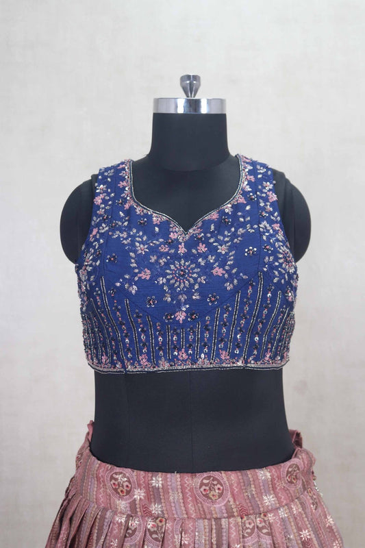 Multicolor Lehenga Choli with Blue Embroidered Blouse and Net Dupatta - Mangaldeep NX