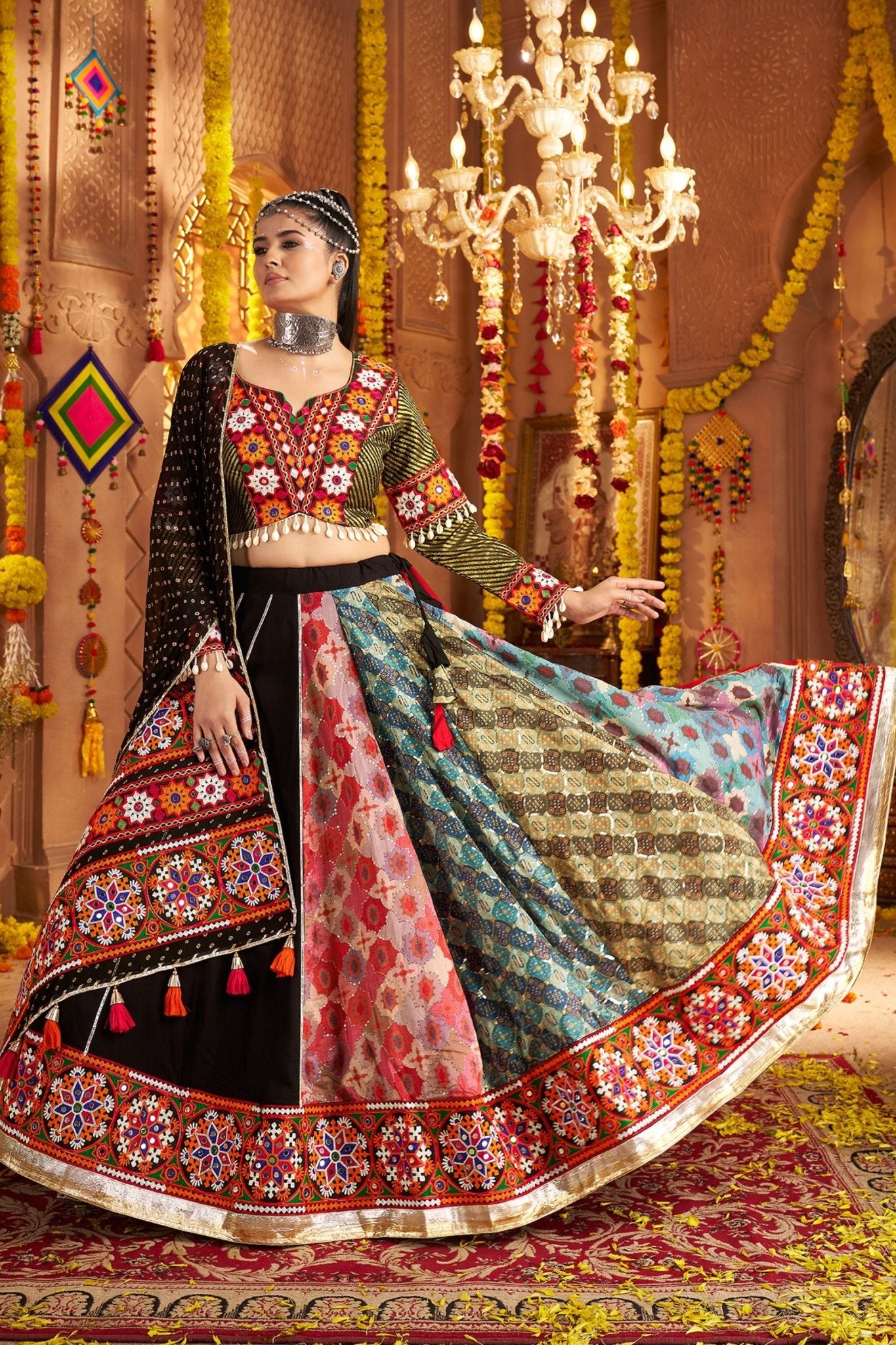 Multicolor Patchwork Navratri Lehenga Choli Set with Black Bandhani Dupatta - Mangaldeep NX