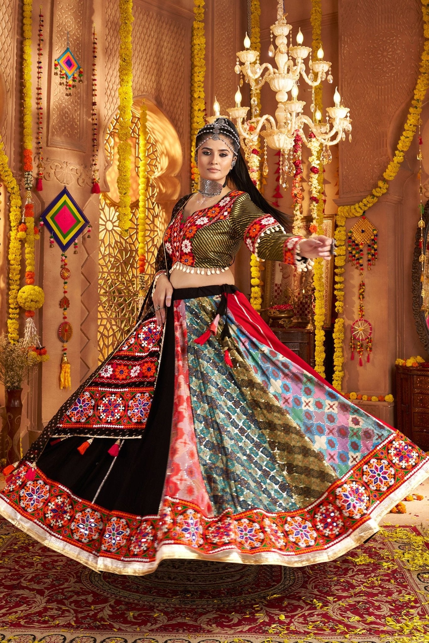 Multicolor Patchwork Navratri Lehenga Choli Set with Black Bandhani Dupatta - Mangaldeep NX