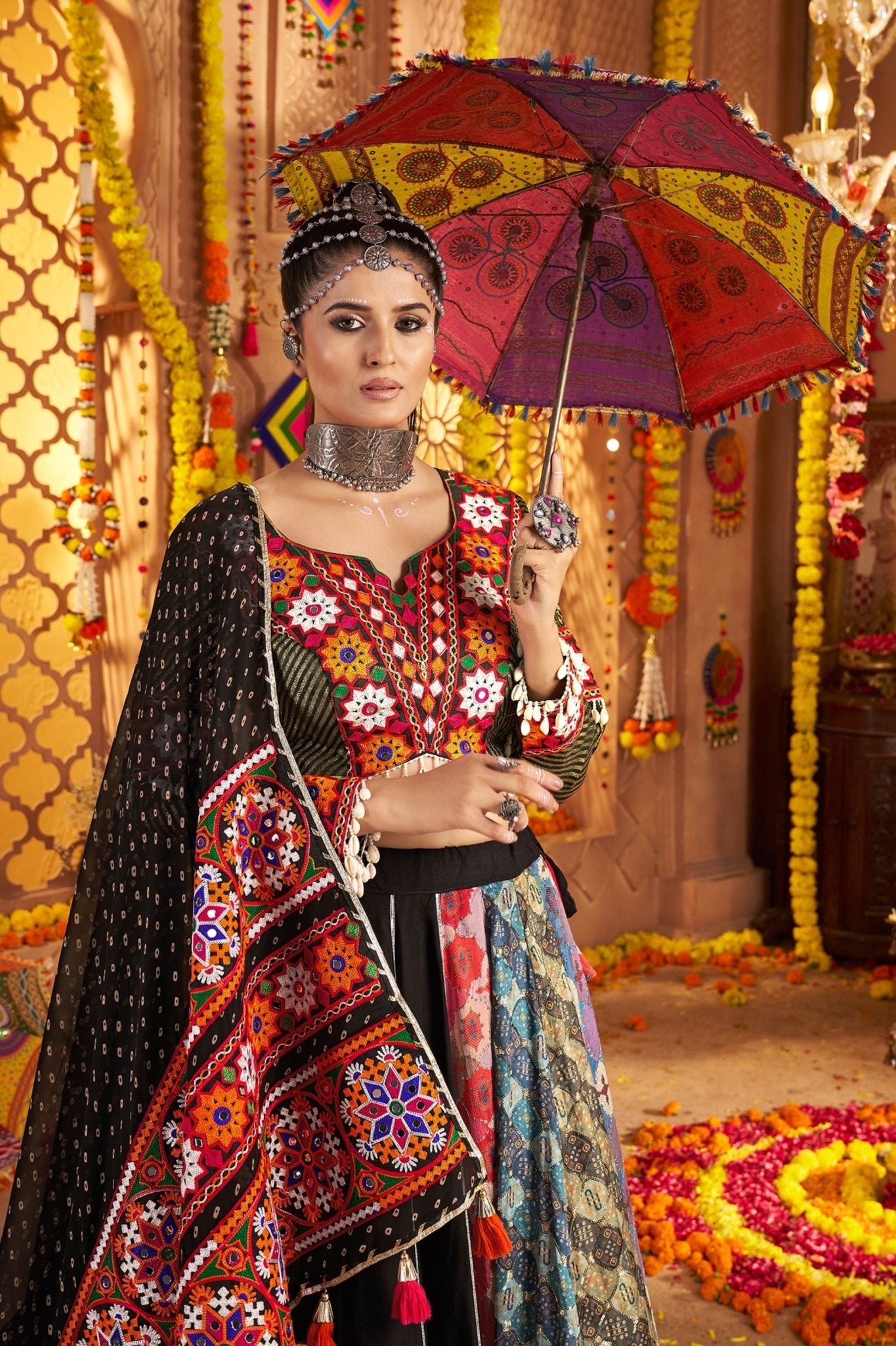 Multicolor Patchwork Navratri Lehenga Choli Set with Black Bandhani Dupatta - Mangaldeep NX