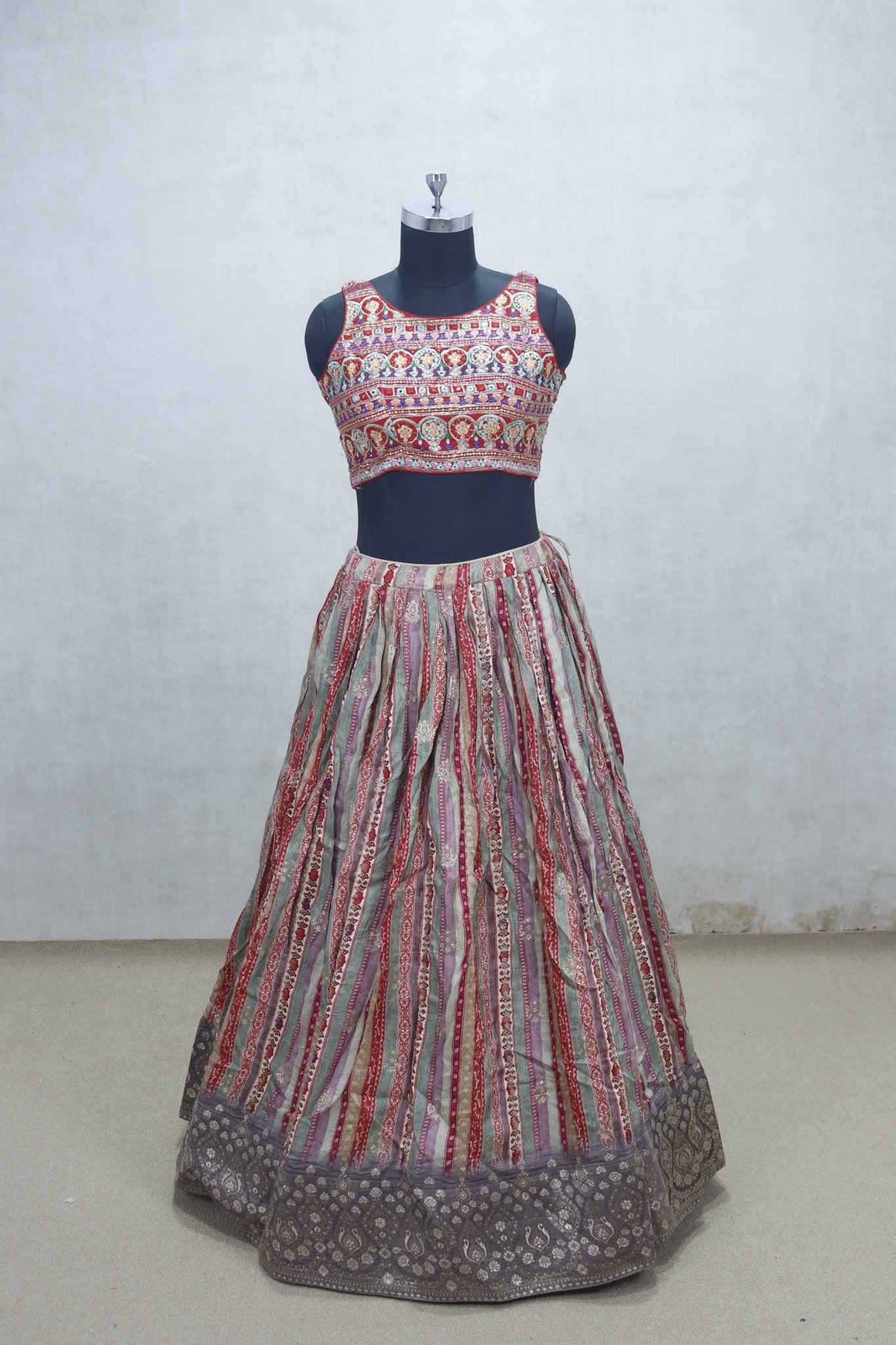 Multicolor Patola Print Lehenga Choli with Red Mirror Work Dupatta and Thread Embroidery - Mangaldeep NX