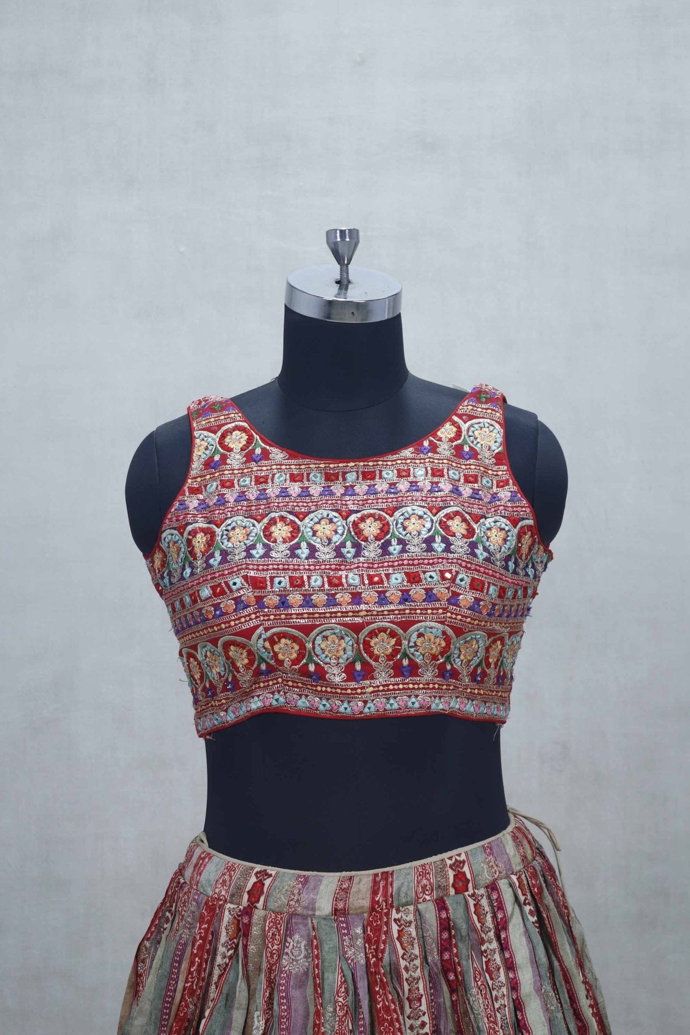 Multicolor Patola Print Lehenga Choli with Red Mirror Work Dupatta and Thread Embroidery - Mangaldeep NX