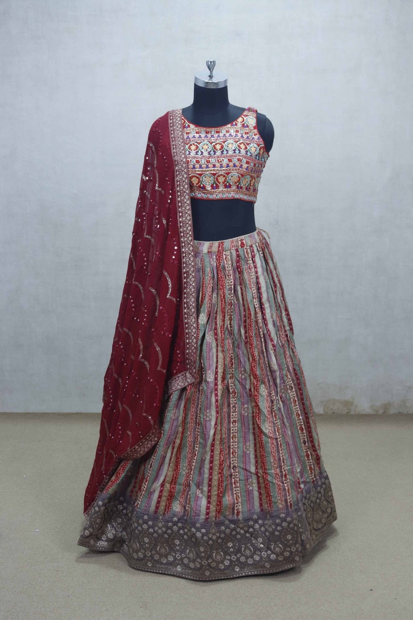 Multicolor Patola Print Lehenga Choli with Red Mirror Work Dupatta and Thread Embroidery - Mangaldeep NX