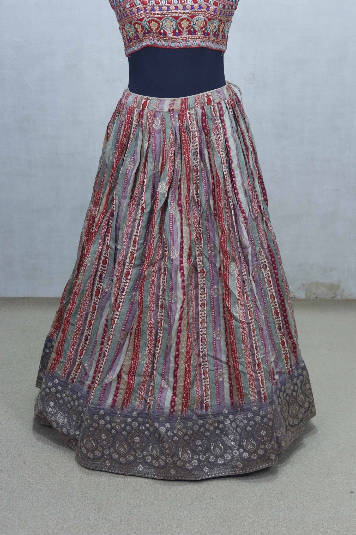 Multicolor Patola Print Lehenga Choli with Red Mirror Work Dupatta and Thread Embroidery - Mangaldeep NX