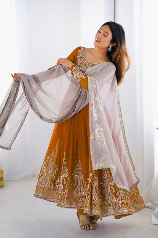 Mustard Anarkali Suit with Heavy Embroidery and Grey Net Dupatta - Mangaldeep NX