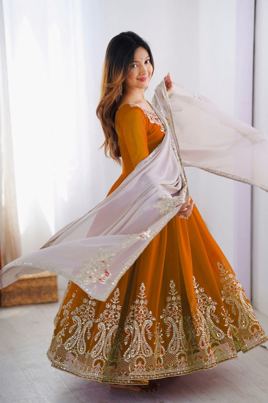 Mustard Anarkali Suit with Heavy Embroidery and Grey Net Dupatta - Mangaldeep NX