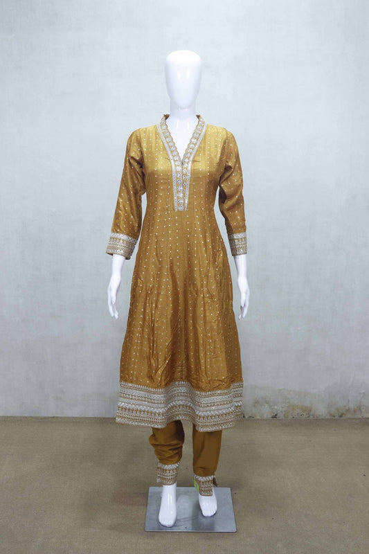 Mustard Embroidered Straight Kurta Set with Churidar Pants and Dupatta - Mangaldeep NX