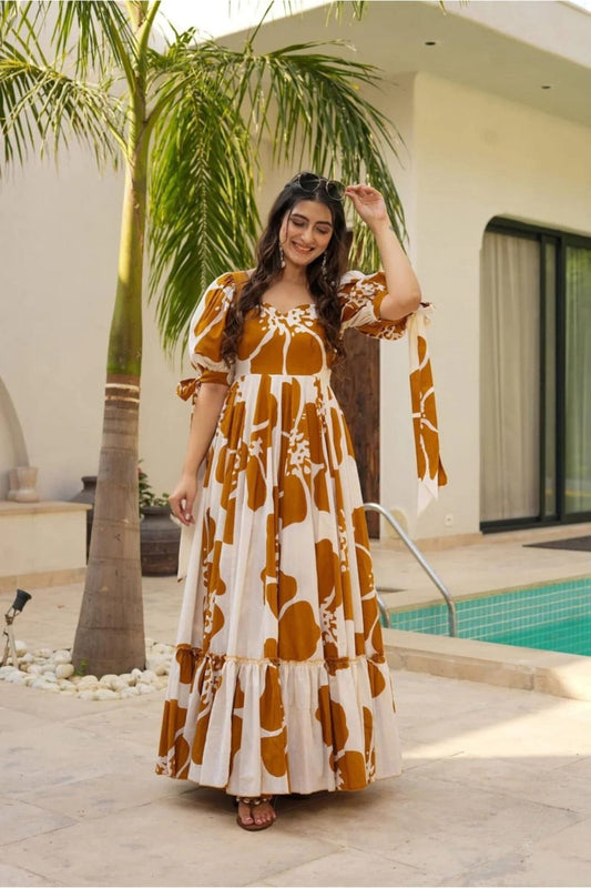 Mustard Floral Floral Floor Length Kurti with Puff Sleeves - Mangaldeep NX