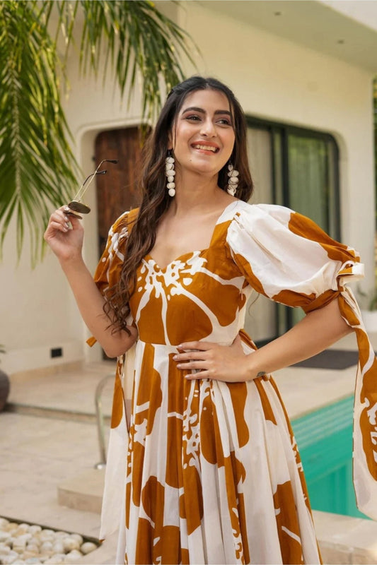 Mustard Floral Floral Floor Length Kurti with Puff Sleeves - Mangaldeep NX